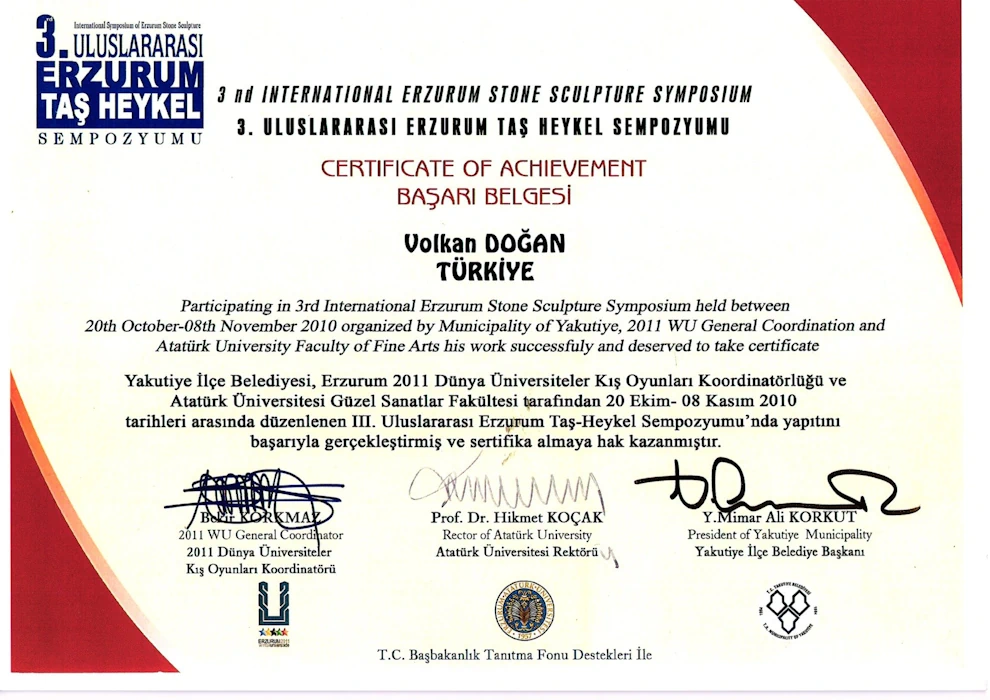 3. Uluslararası Erzurum Taş Heykel Sempozyumu Başarı Belgesi
