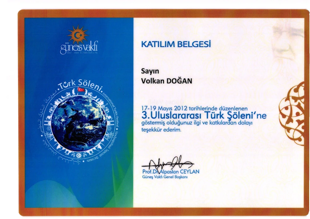 3. Uluslararası Türk Şöleni Katılım Belgesi