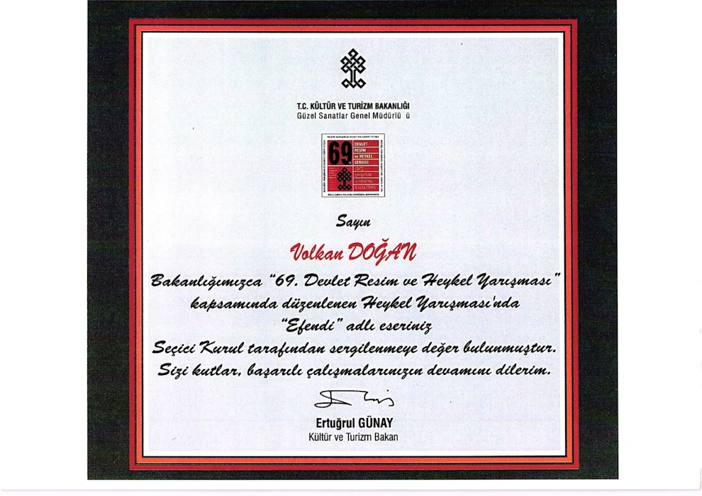 69. Devlet Resim Heykel Yarışması Başarı Belgesi