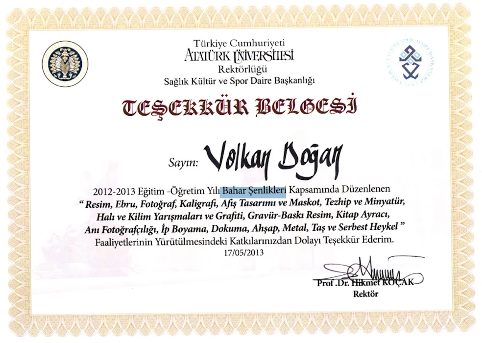 Atatürk Üniversitesi Bahar Şenlikleri Teşekkür Belgesi