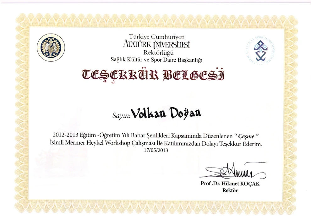 Çeşme İsimli Mermer Heykel Workshop Teşekkürü