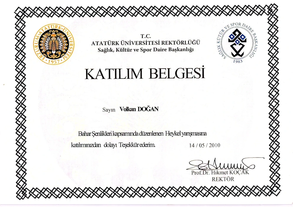 Bahar Şenlikleri Heykel Yarışması Katılım Belgesi