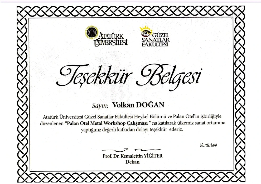 Palan Otel Metal Workshop Katılım Belgesi