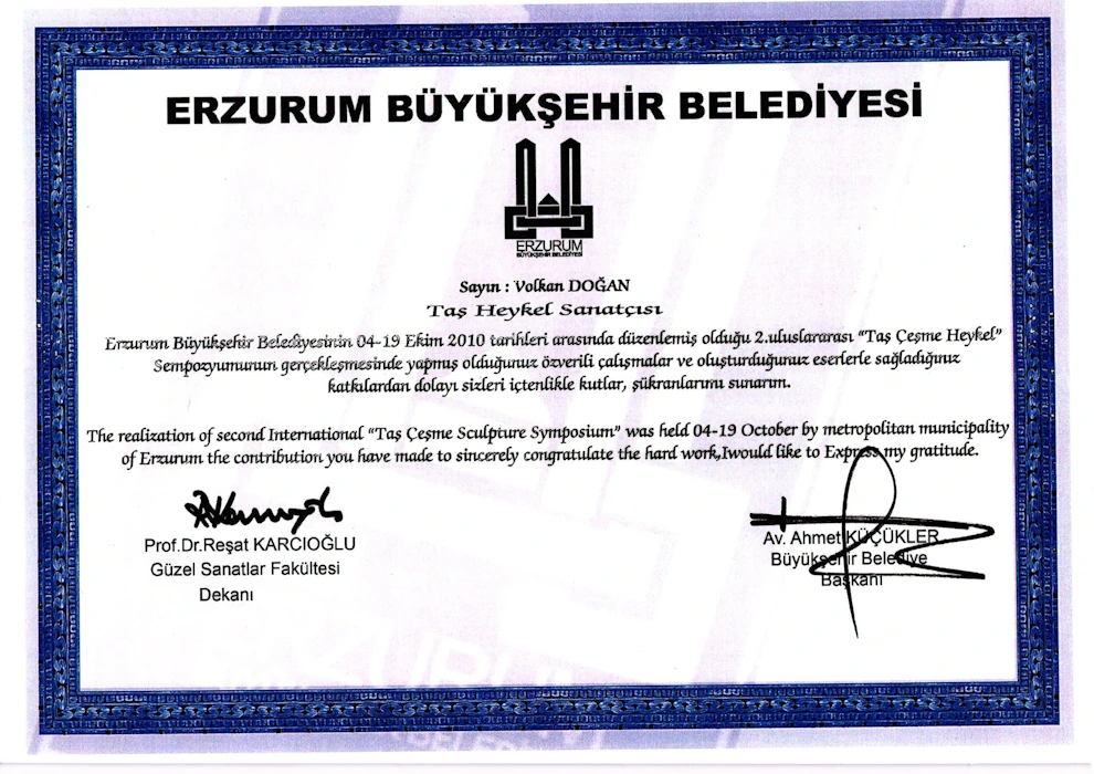 Erzurum Taş Çeşme Heykel Sempozyumu Katkı Belgesi