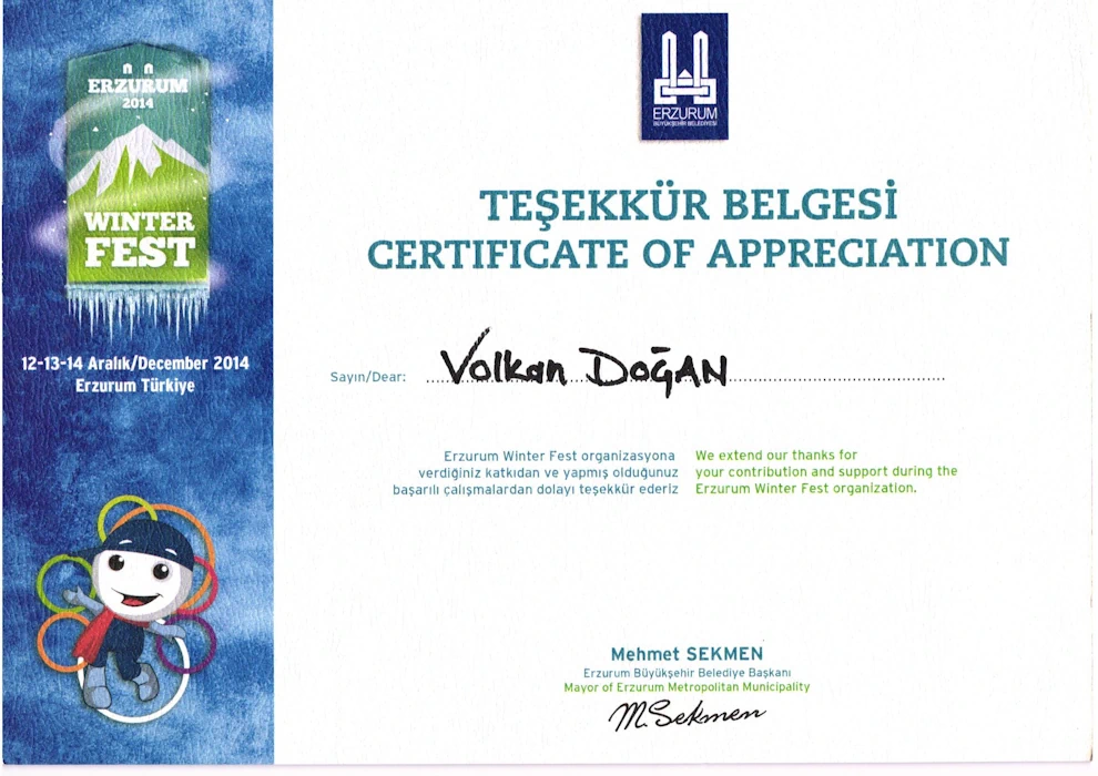 Erzurum Winter Fest Katkı Teşekkür Belgesi