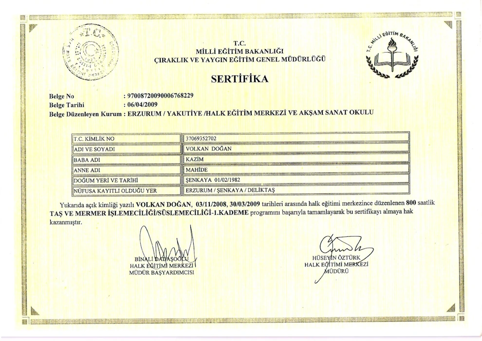 Volkan Doğan Taş Mermer İşlemeciliği Sertifikası