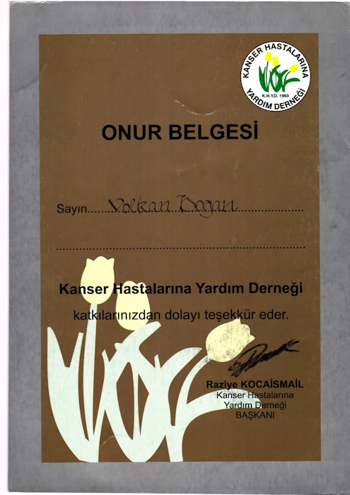 Kanser Hastalarına Yardım Derneği Onur Belgesi