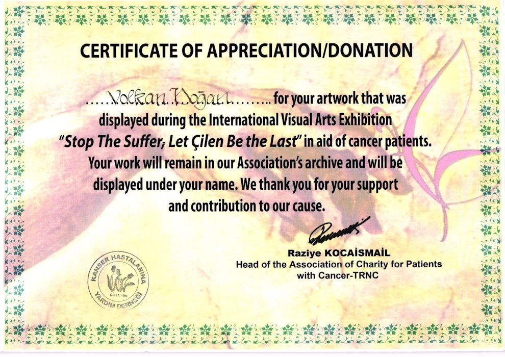 Kanser Hastalarına Yardım Derneği Sanat Bağış Belgesi