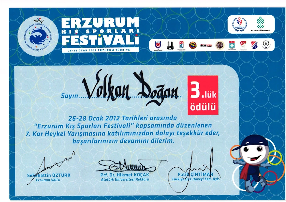 Erzurum Kış Sporları Festivali Kar Heykel Üçüncülük Ödülü