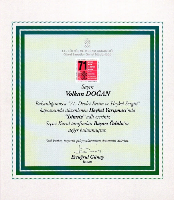 71. Devlet Heykel Yarışması İsimsiz Başarı Ödülü