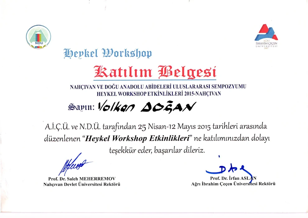 Nahçivan Heykel Workshop Katılım Belgesi