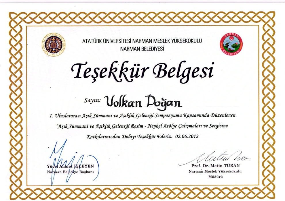 Narman Heykel Atölye Teşekkür Belgesi
