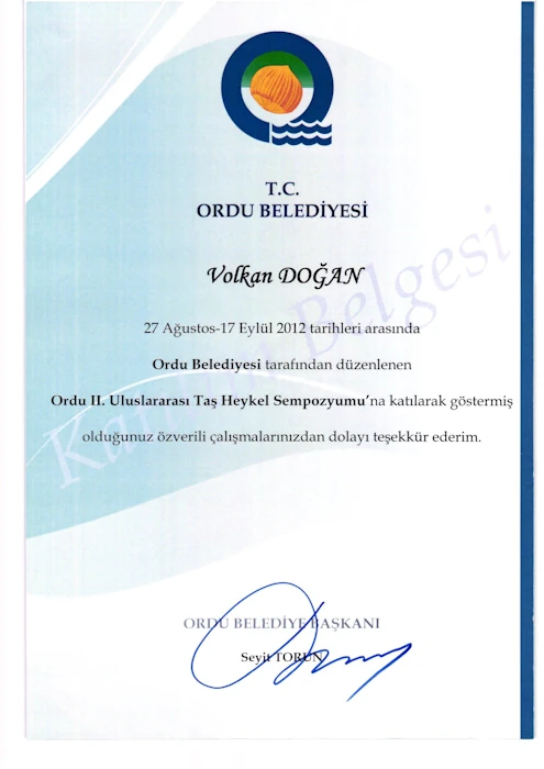 Ordu 2. Uluslararası Taş Heykel Sempozyumu Katılım Belgesi 2012