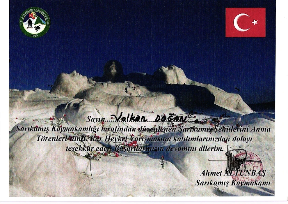 Sarıkamış Şehitlerini Anma Kar Heykel Yarışması Katılım Belgesi 2014