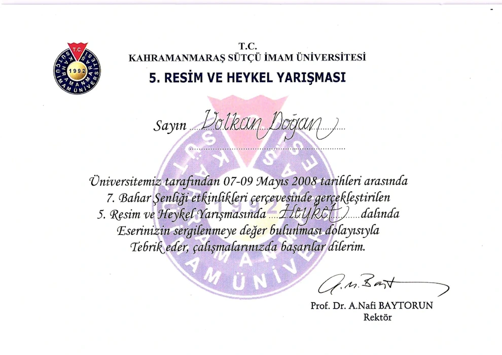 Sütçü İmam Üniversitesi Resim Heykel Yarışması Ödül Belgesi