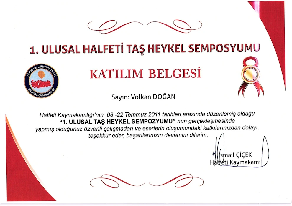 Ulusal Halfeti Taş Heykel Sempozyumu Katılım Belgesi 2011