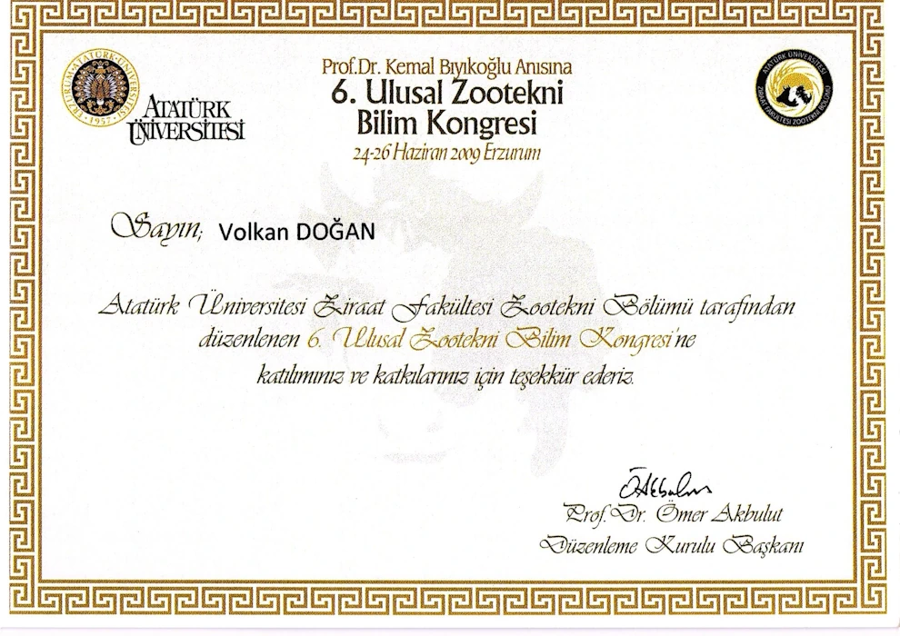 6. Ulusal Zootekni Bilim Kongresi Teşekkür Belgesi 2009