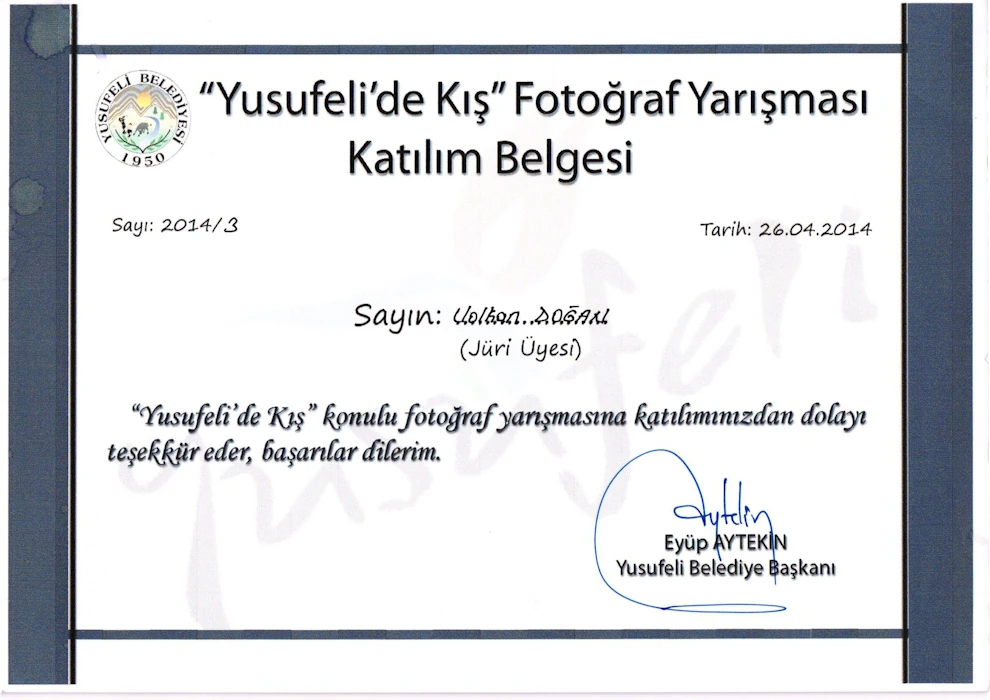 Yusufeli Kış Fotoğraf Yarışması Jüri Üyeliği 2014