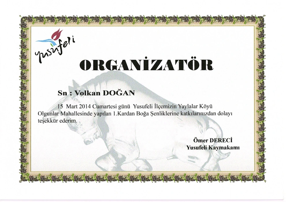 Yusufeli 1. Kardan Boğa Şenliği Organizatörlük Belgesi 2014