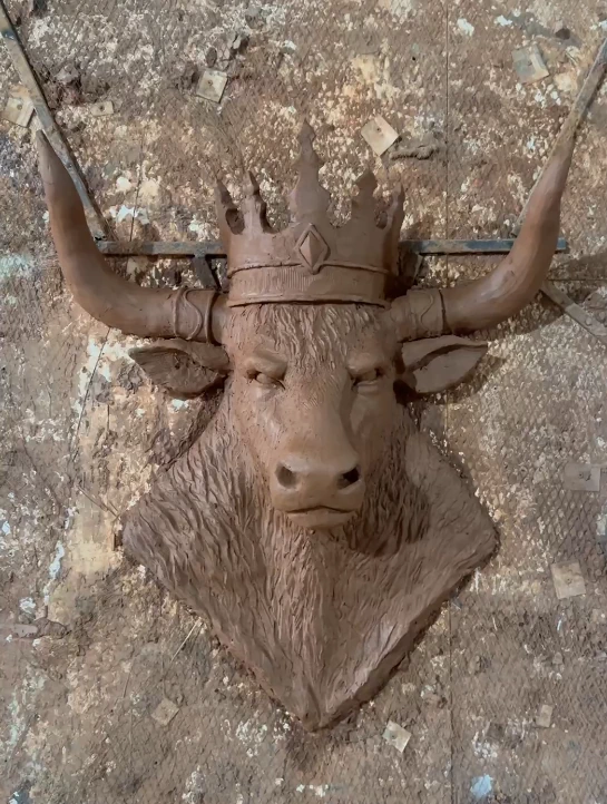 Decorative Crowned Bull Head Statue Side Profile View