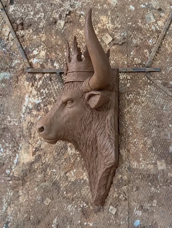 Decorative Crowned Bull Head Statue Installation by Relief Sculptures
