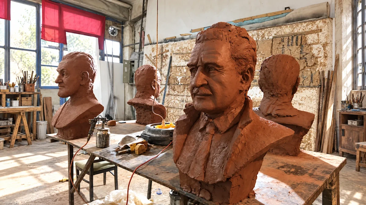 The front of the sculpture workshop with several completed sculptures