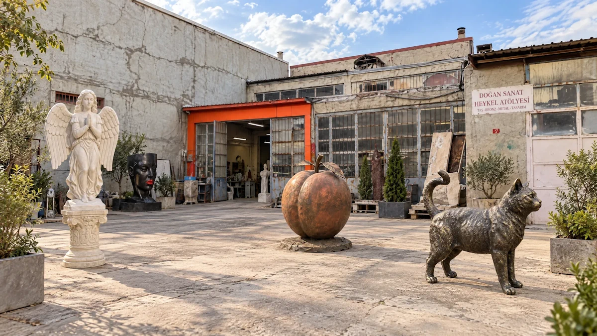 Several bust sculptures and a worktable inside a sculpture workshop