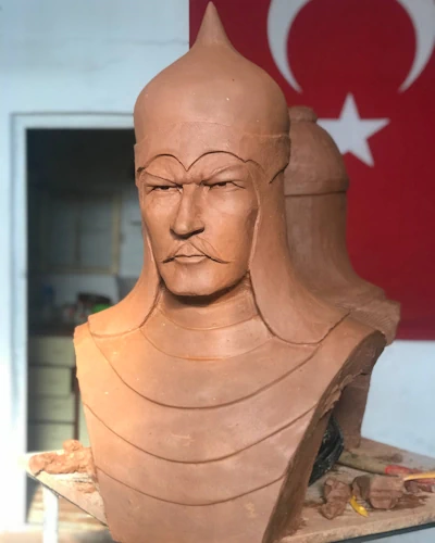 Seljuk warrior clay bust with pointed helmet and armor details