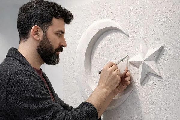 A sculptor of ours working on plaster sculpture and relief in the atelier