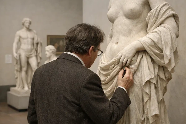 A sculptor performing an artistic analysis and evaluation of the sculpture