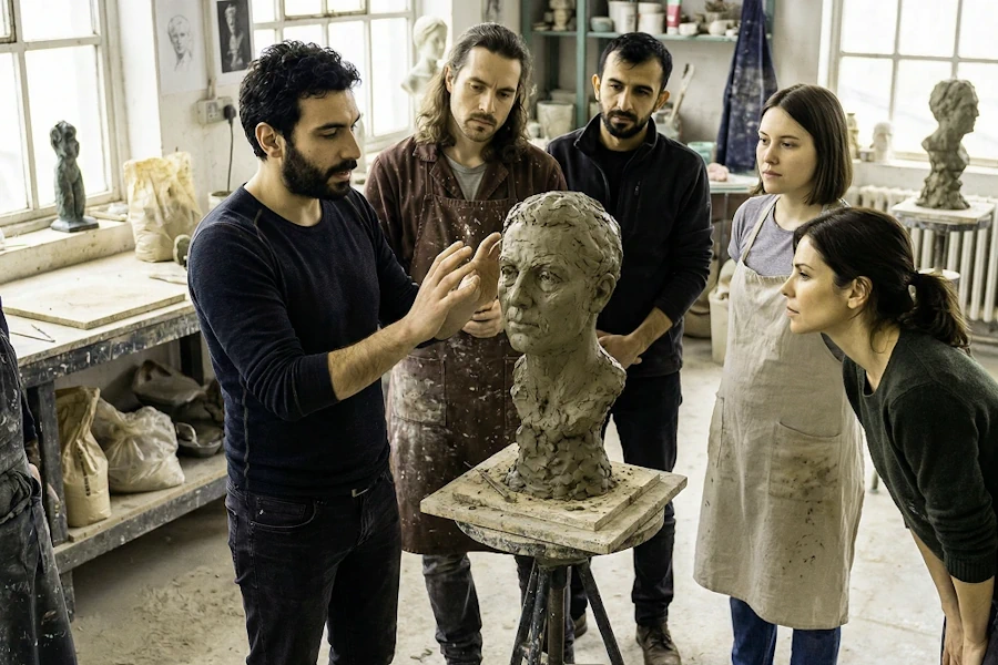 Sculptor Volkan Doğan working on a clay bust with his team in the studio